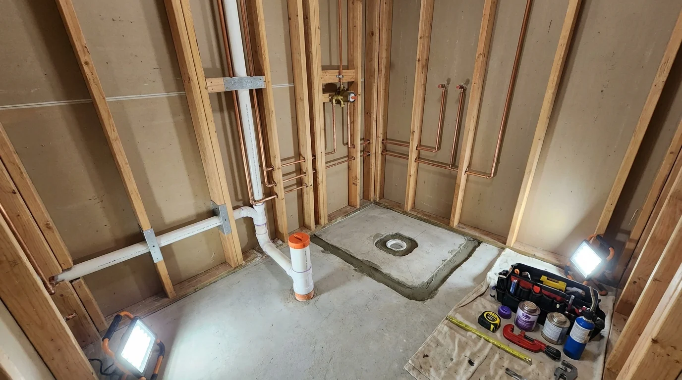 Bathroom rough-in plumbing during remodel by Johns Plumbing LLC in Loomis