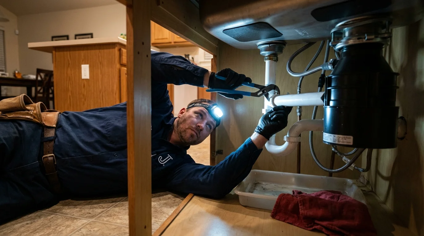 P-trap and supply line connections under a kitchen sink showing a common leak point in Loomis, CA